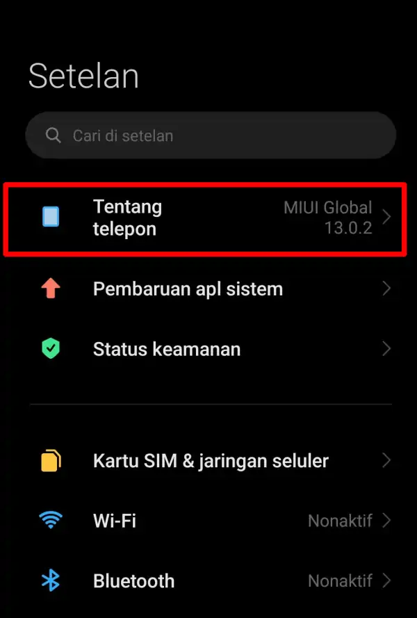 Setelan Tentang Telepon Xiaomi
