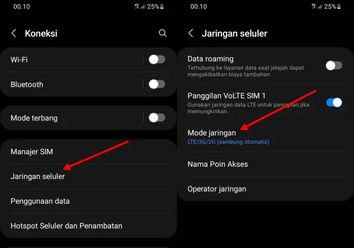 Memilih Mode Jaringan 4G di Samsung