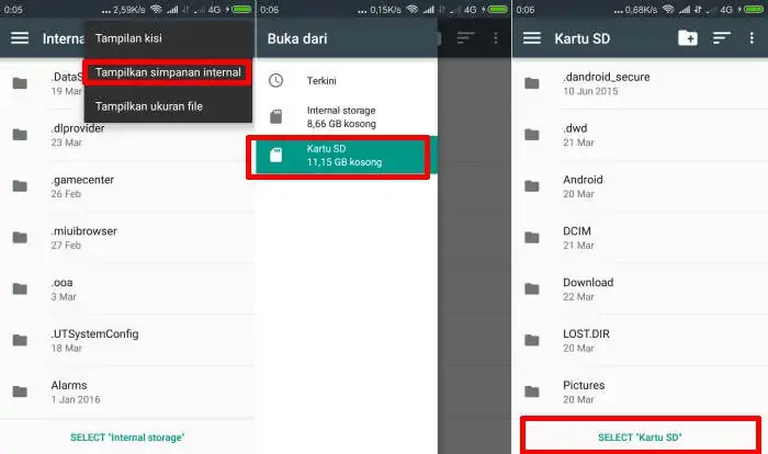 Tampilkan simpanan internal