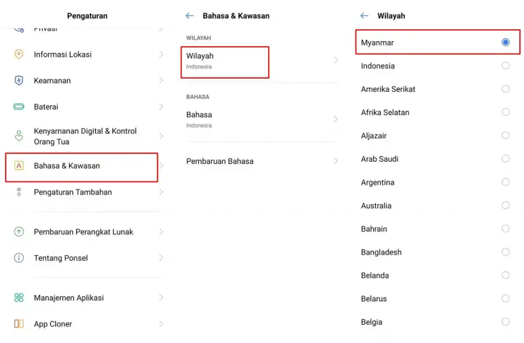 Pengaturan Mengubah Wilayah di Oppo